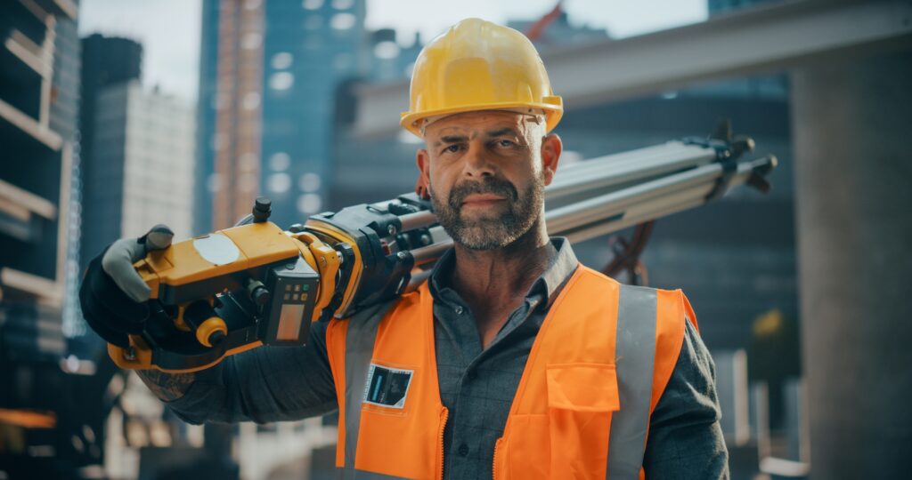 Un travailleur de la construction sur le chantier sourit à la caméra après avoir utilisé les services de la jonction.